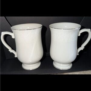 Vintage White Porcelain Mugs Set of 2 Silver Trim Elegant Tea Coffee Cups